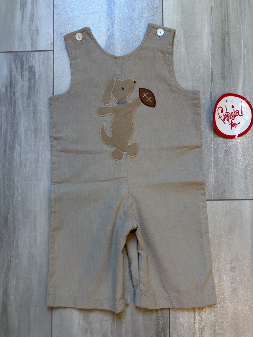 NWT Funtasia Too Tan Corduroy Football Dog Appliqué Longall Overalls Boys 9M
